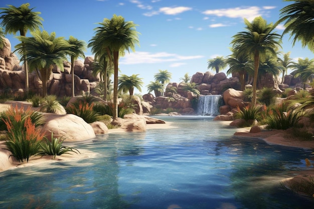 Uma pintura digital de palmeiras e uma cachoeira em uma paisagem tropical.