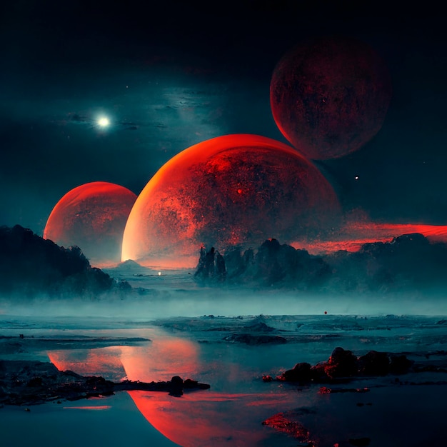 Uma pintura digital de planetas com bordas vermelhas e uma lua.