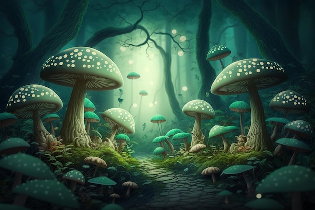 Uma pintura digital de um caminho em uma floresta escura com cogumelos.