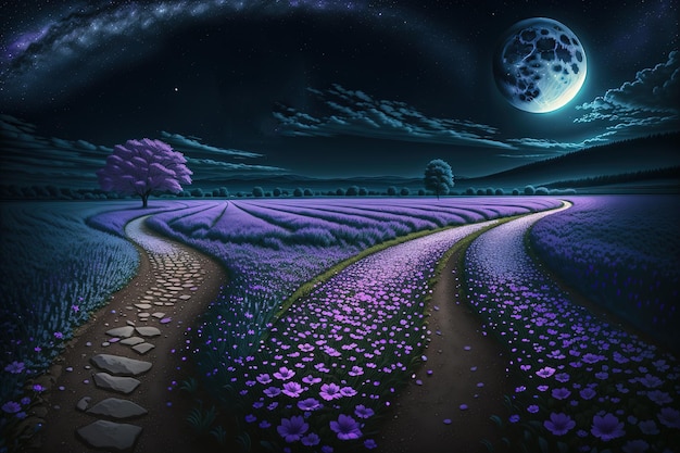 Uma pintura digital de um campo de lavanda com uma flor roxa e a lua ao fundo.