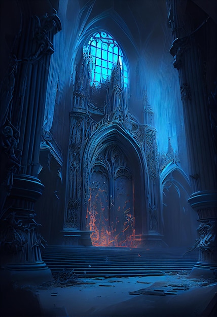 Uma pintura digital de um castelo com uma luz azul e uma porta que diz 'fogo' nela.