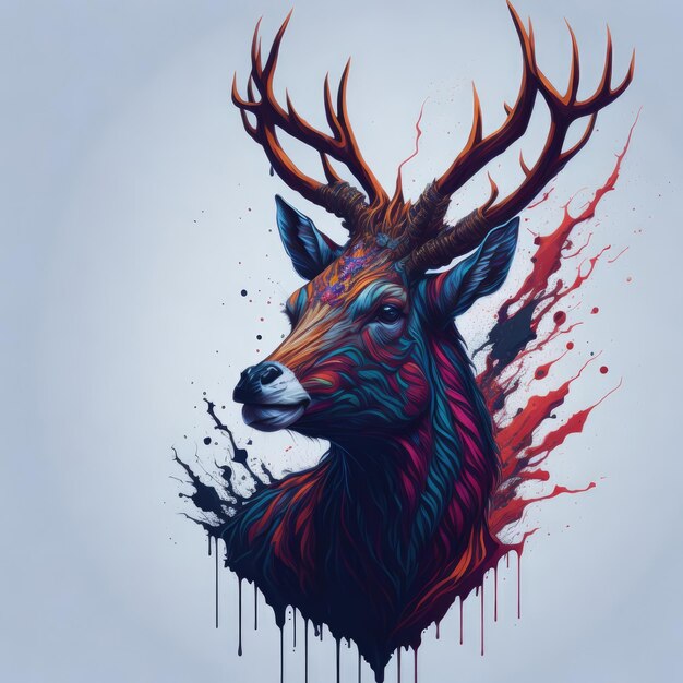 Uma pintura digital de um cervo com uma cabeça colorida.