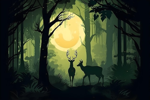 Uma pintura digital de um cervo em uma floresta com uma lua ao fundo.