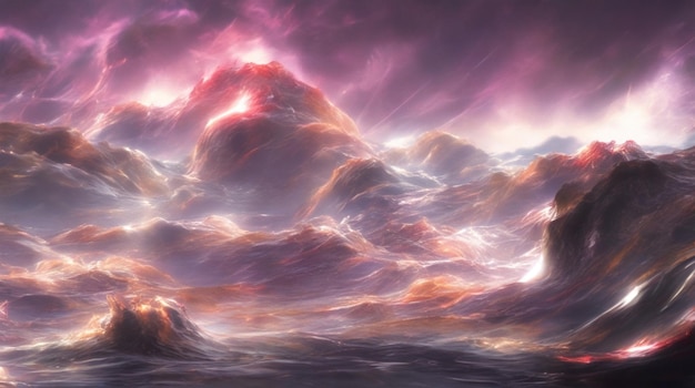 Uma pintura digital de um céu roxo e roxo com uma grande nuvem no meio do oceano.