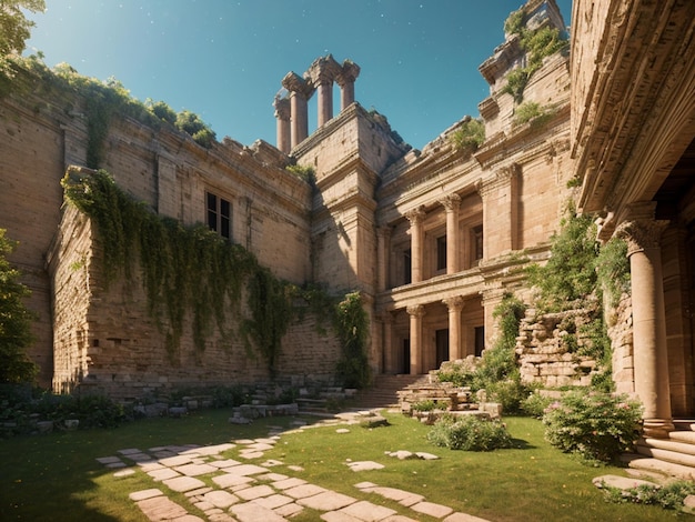 Uma pintura digital de um edifício em ruínas com um relvado verde e um edifício de pedra com um grande número de colunas.