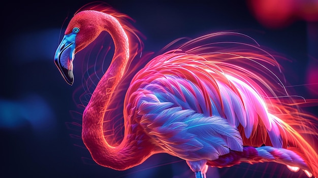 Uma pintura digital de um flamingo rosa néon com penas azuis e roxas