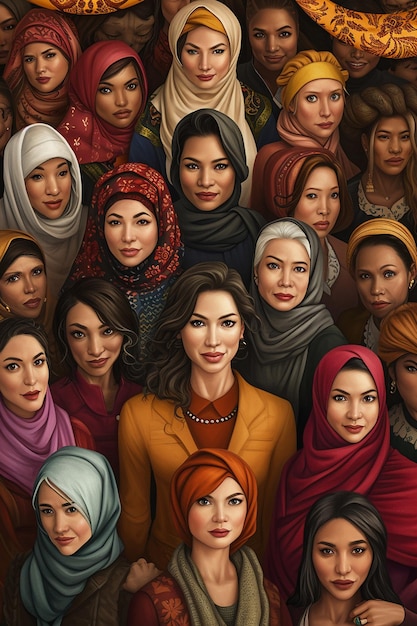 Uma pintura digital de um grupo diversificado de mulheres de diversas culturas e profissões