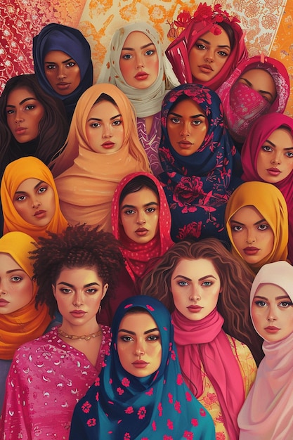 Uma pintura digital de um grupo diversificado de mulheres de diversas culturas e profissões