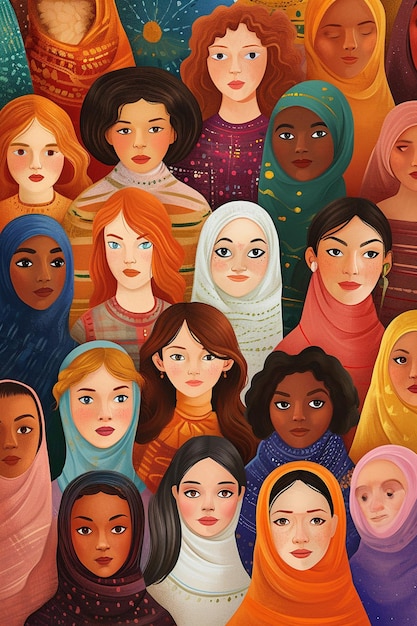 Uma pintura digital de um grupo diversificado de mulheres de diversas culturas e profissões