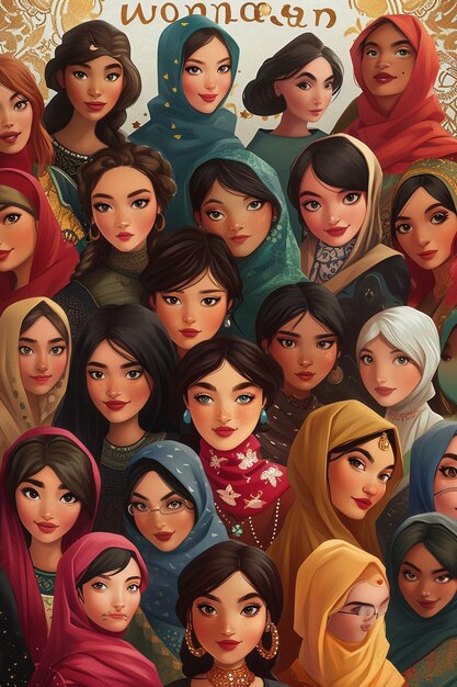 Uma pintura digital de um grupo diversificado de mulheres de diversas culturas e profissões