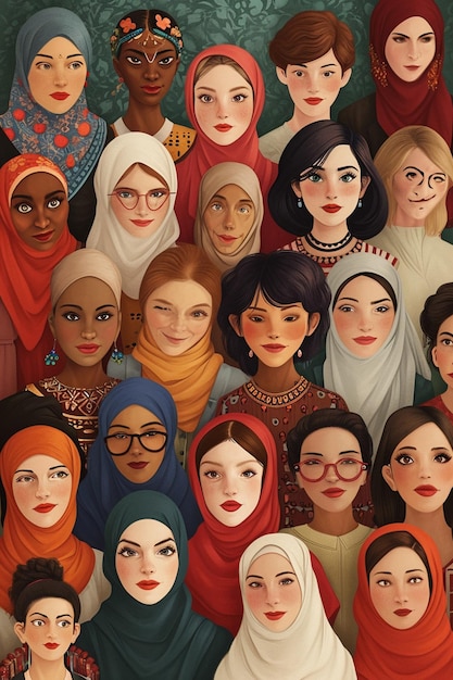 Uma pintura digital de um grupo diversificado de mulheres de diversas culturas e profissões