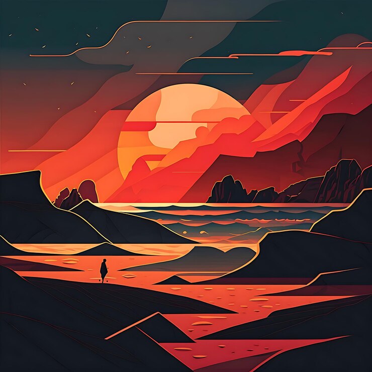 Uma pintura digital de um homem caminhando no deserto.