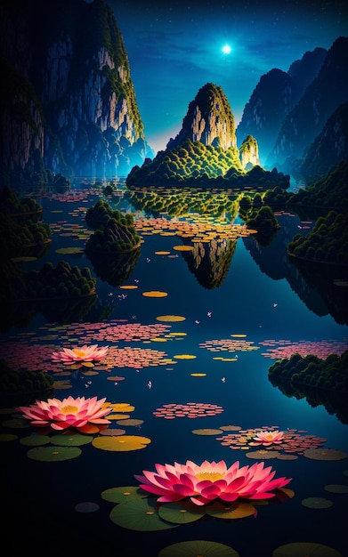 Uma pintura digital de um lago com flores de lótus e o sol brilhando na água.