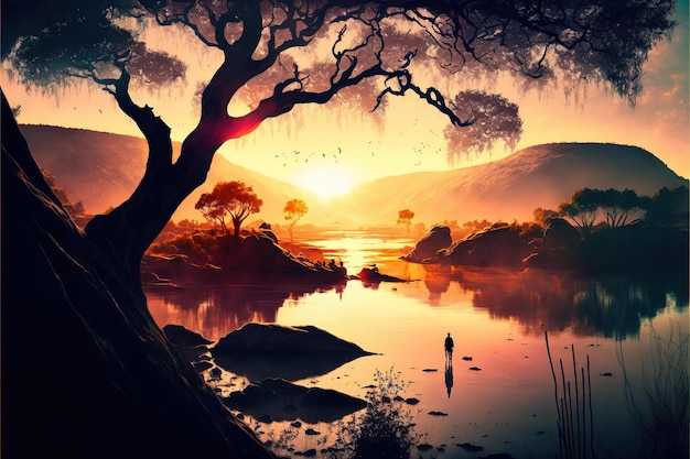 Uma pintura digital de um lago com um pôr-do-sol e uma árvore em primeiro plano.