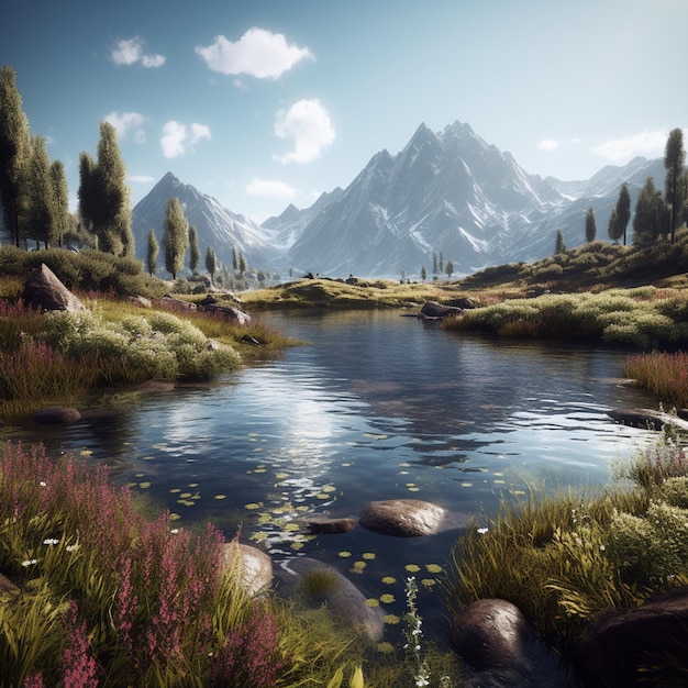 Uma pintura digital de um lago com uma montanha ao fundo