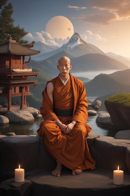 Uma pintura digital de um monge sentado em uma rocha com uma montanha ao fundo.