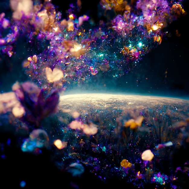 Uma pintura digital de um planeta com um planeta e flores ao fundo.