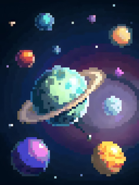 uma pintura digital de um planeta em pixel art