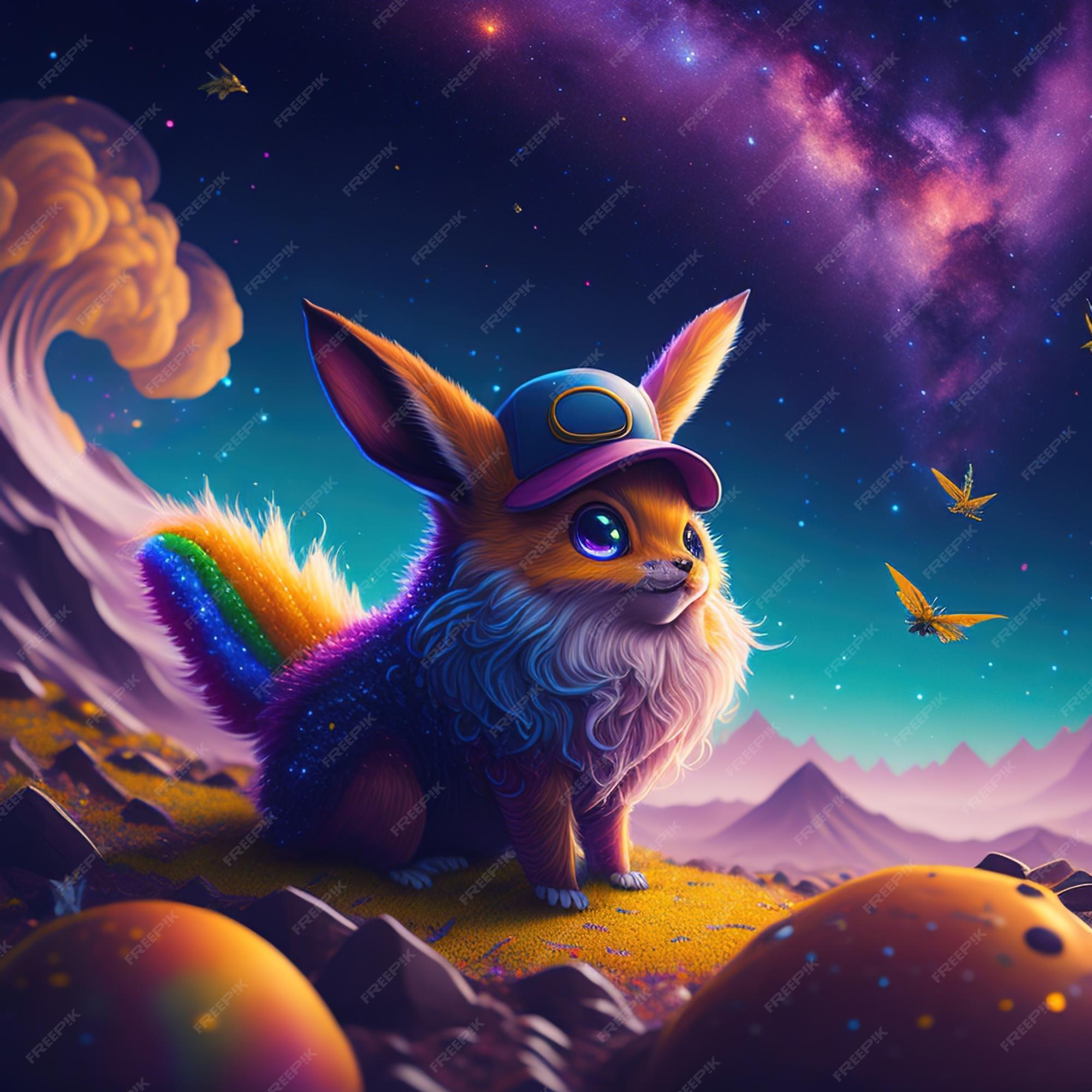 Uma pintura digital de um pokémon com um chapéu roxo e um fundo