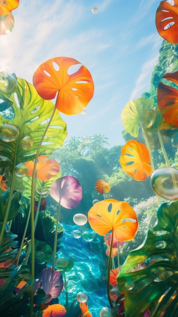 Uma pintura digital de um riacho cercado por flores