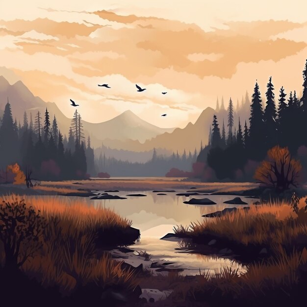 Uma pintura digital de um rio com montanhas ao fundo