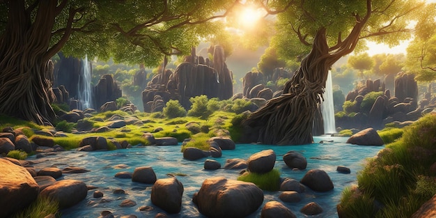 Uma pintura digital de um rio com uma árvore em primeiro plano