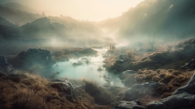 Uma pintura digital de um rio nas montanhas com um céu nublado.