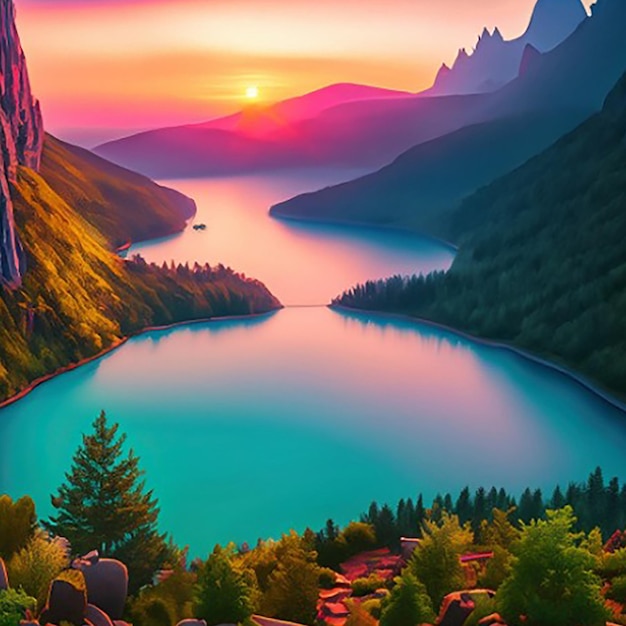 Uma pintura digital de um rio ou lago e montanhas com um pôr do sol ou nascer do sol ao fundo