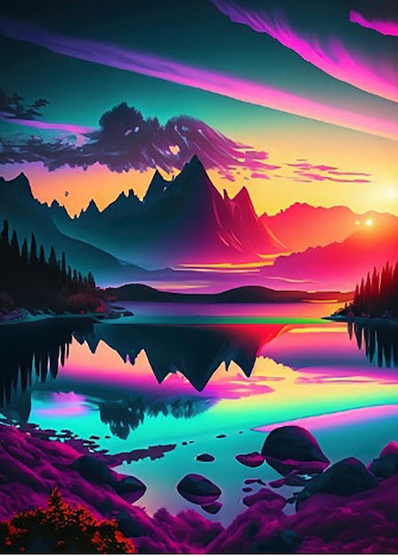 Uma pintura digital de um rio ou lago e montanhas com um pôr-do-sol ou nascer do sol no fundo