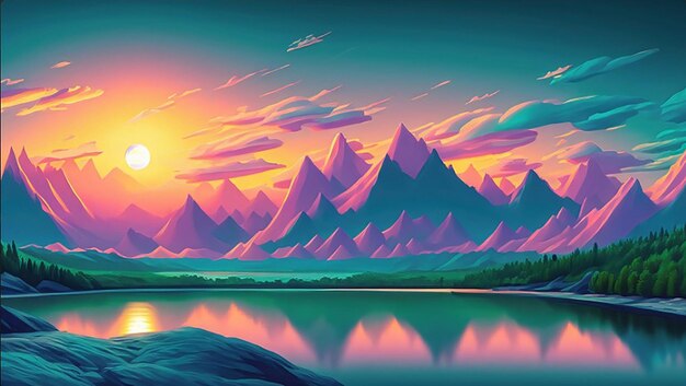 Uma pintura digital de um rio ou lago e montanhas com um pôr-do-sol ou nascer do sol no fundo