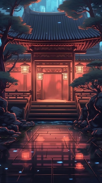 Uma pintura digital de um templo com uma lanterna no telhado.