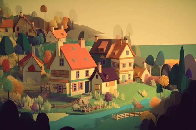 Uma pintura digital de uma aldeia com um rio em primeiro plano e uma casa com telhado vermelho.