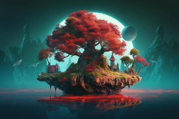 Uma pintura digital de uma árvore em uma rocha na água