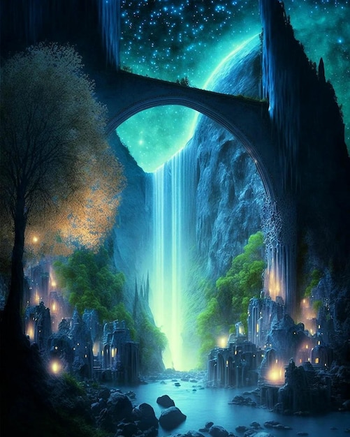 Uma pintura digital de uma cachoeira com uma cachoeira ao fundo.