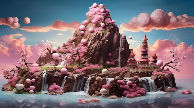 Uma pintura digital de uma cachoeira e um templo ao fundo