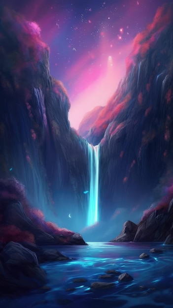 Uma pintura digital de uma cachoeira nas montanhas.