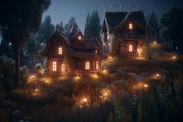 Uma pintura digital de uma casa na floresta com um céu noturno escuro e luzes.