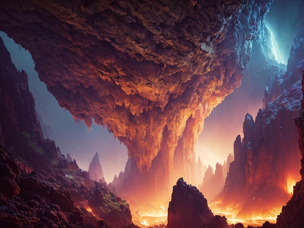 Uma pintura digital de uma caverna com uma montanha ao fundo.
