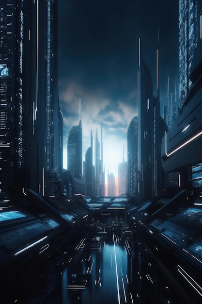 Uma pintura digital de uma cidade com um céu azul e as palavras cyberpunk na parte inferior.