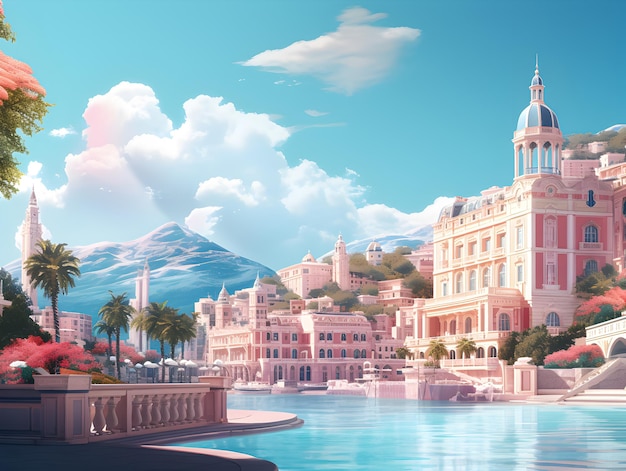 uma pintura digital de uma cidade com um lago e montanhas ao fundo.