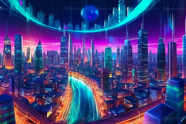 Uma pintura digital de uma cidade com um letreiro de néon escrito 'cyberpunk'