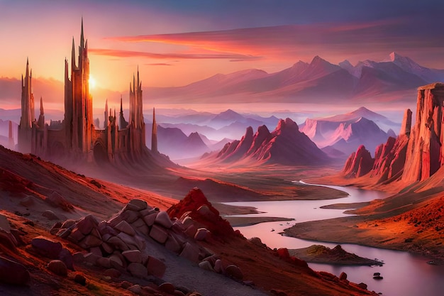 Uma pintura digital de uma cidade de fantasia com uma montanha e um castelo.