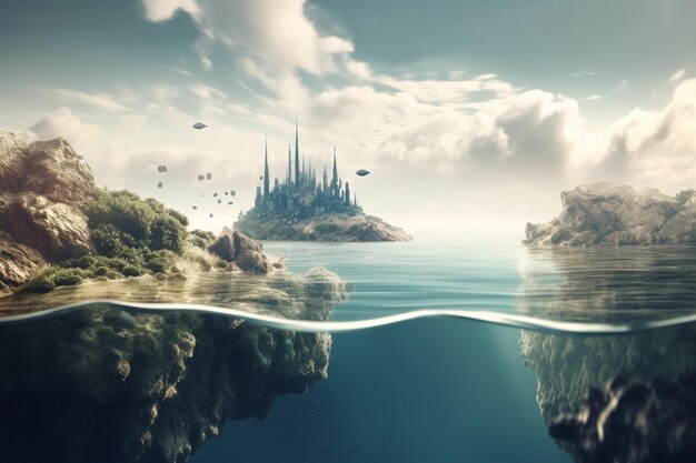 Uma pintura digital de uma cidade e um castelo na água