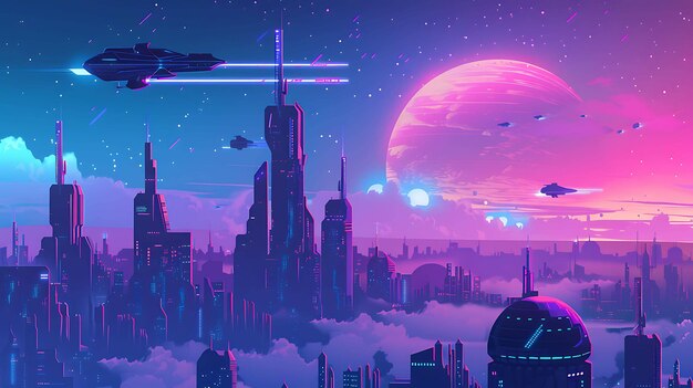 Foto uma pintura digital de uma cidade futurista a cidade está cheia de arranha-céus altos e carros voadores o céu é de uma cor roxa profunda