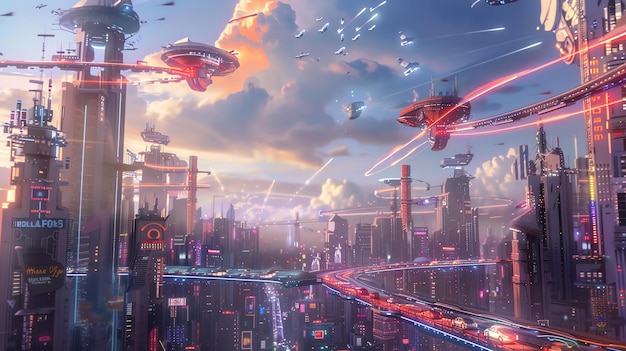 Uma pintura digital de uma cidade futurista. A cidade está cheia de edifícios altos, carros voadores e outras tecnologias avançadas.