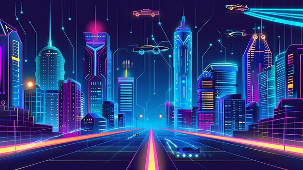 Foto uma pintura digital de uma cidade futurista à noite. a cidade está cheia de edifícios altos, luzes brilhantes e carros voadores.