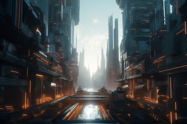 Uma pintura digital de uma cidade futurística com um letreiro de néon que diz 'cyberpunk'