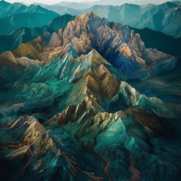 Uma pintura digital de uma cordilheira com um céu azul e montanhas ao fundo.