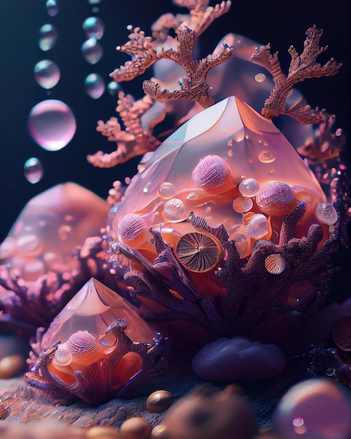 Uma pintura digital de uma criatura marinha roxa com um coral e uma concha do mar.