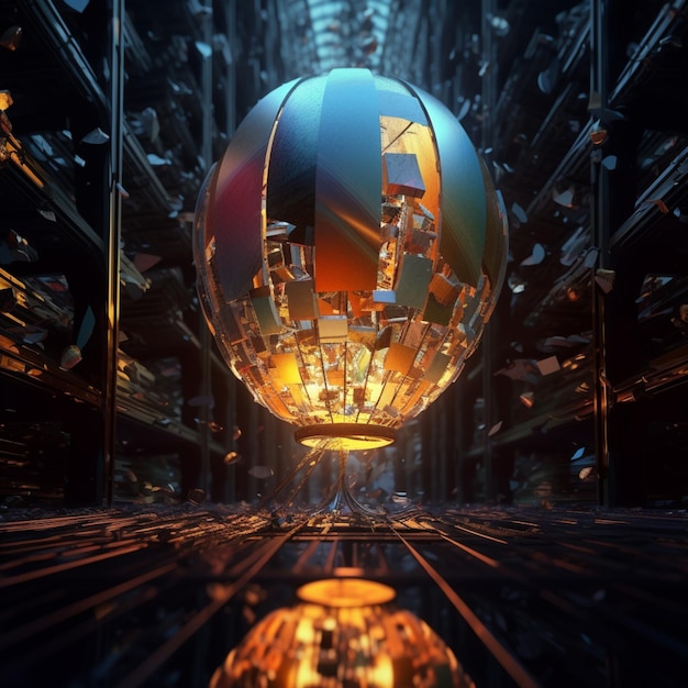 Uma pintura digital de uma esfera com um grande espelho dentro.